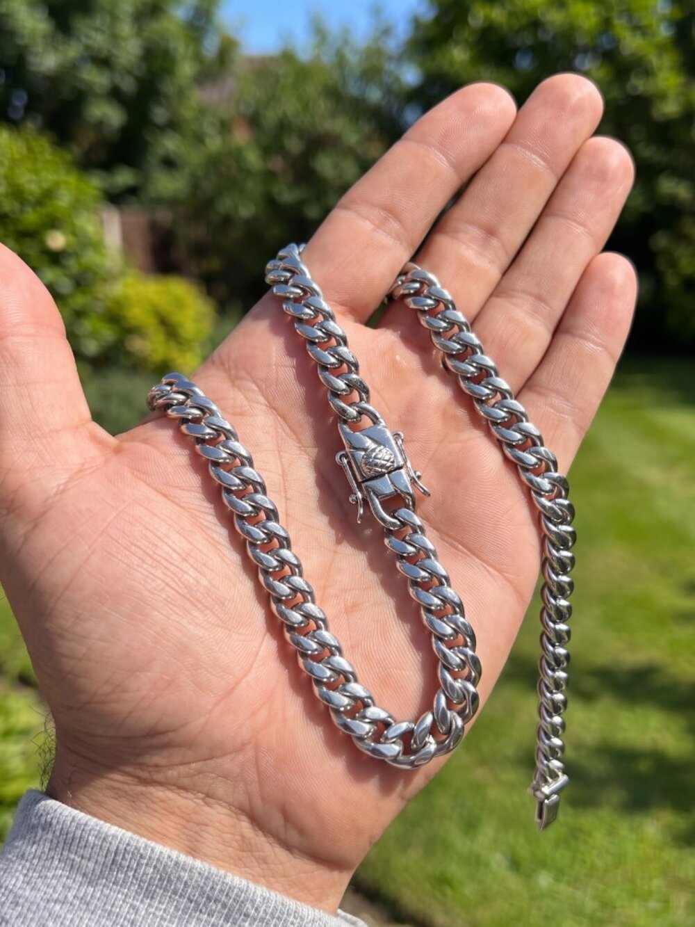 Mens Silver Chain Miami Cuban Link 8mm 20 Inch Stainless Steel Box Clasp